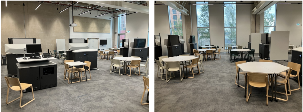 Classroom with table and chairs set up for active learning.